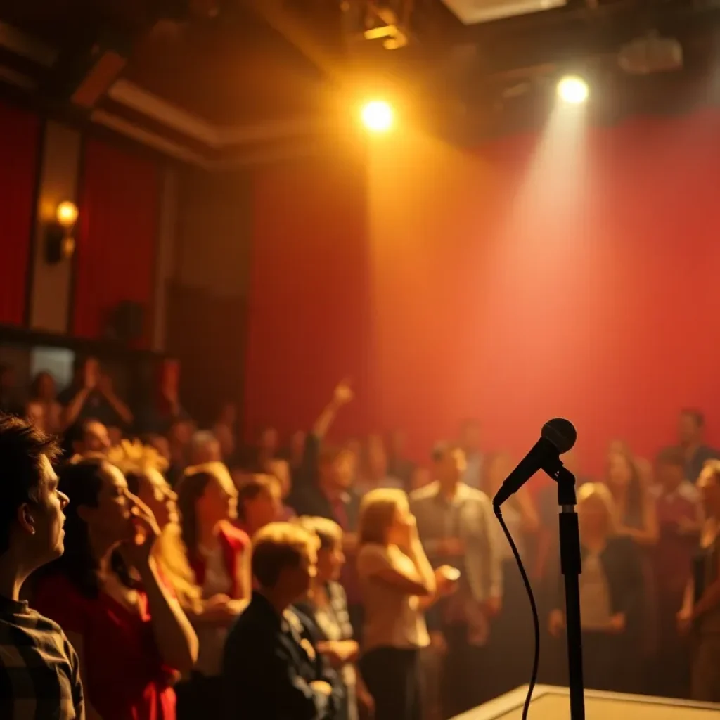 Comedian performing on stage in a lively theater