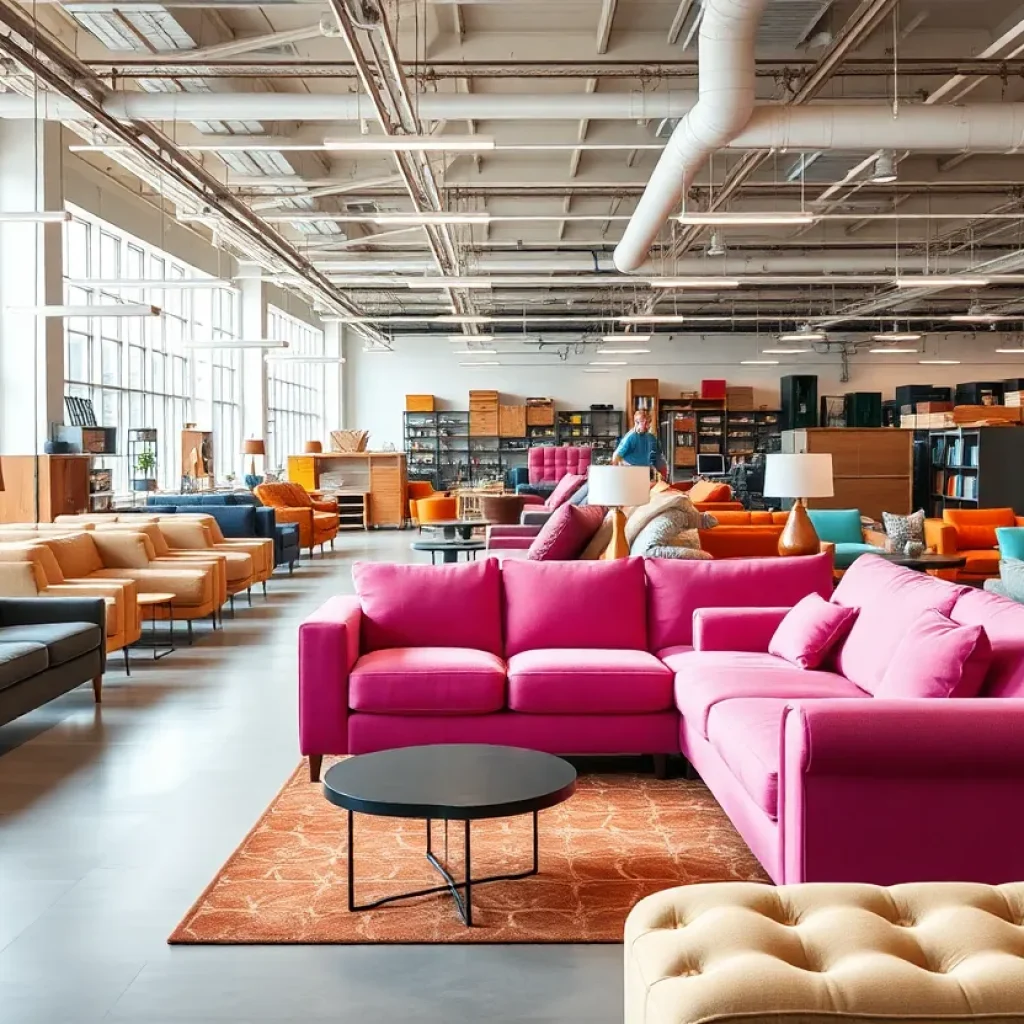 Interior view of Couch Potatoes furniture store in Austin showcasing sofas and the manufacturing area.