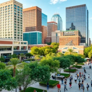 Downtown Austin city skyline with lively streets.