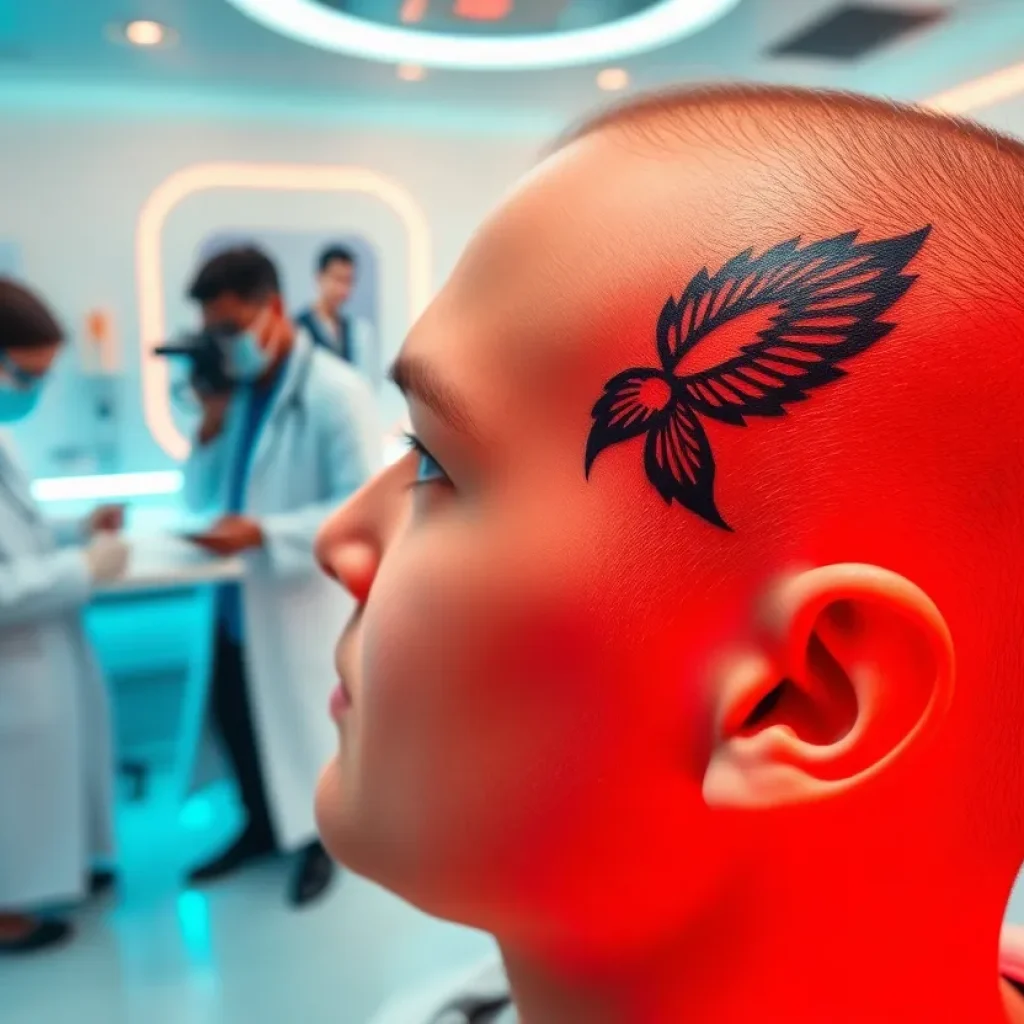 3D printed e-tattoos on a scalp for monitoring brain activity.