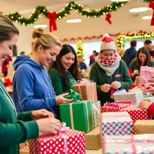 Volunteers wrapping gifts for the Holiday Wishes program