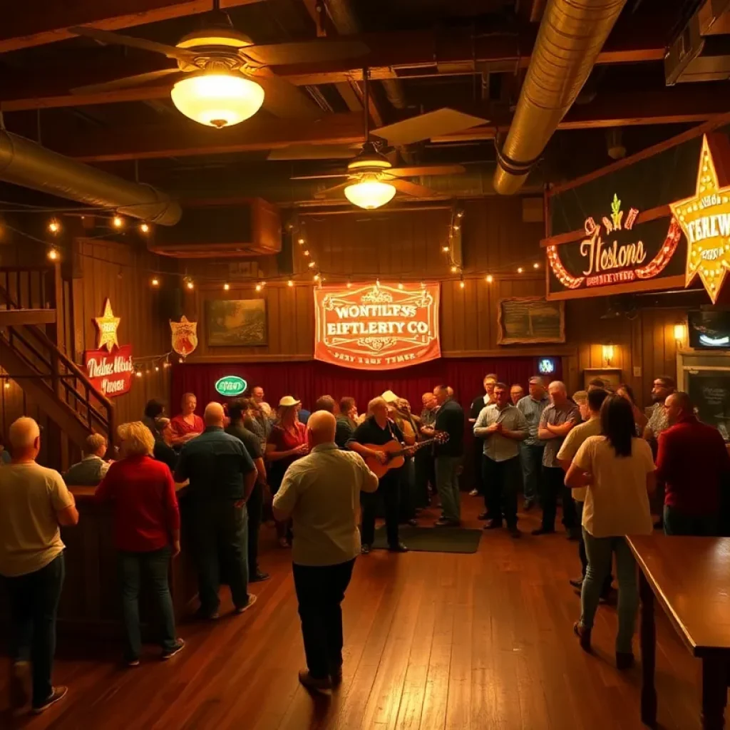 Interior of a honky-tonk venue in Austin with people dancing