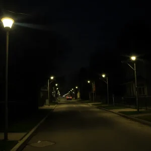 Dimly lit street in Hyde Park, Austin, reflecting concerns over safety.