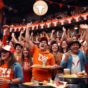 Fans cheering for the Texas Longhorns at a watch party