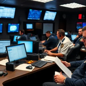 Dispatch room of Los Angeles Sheriff's Department with officers managing radio communications.