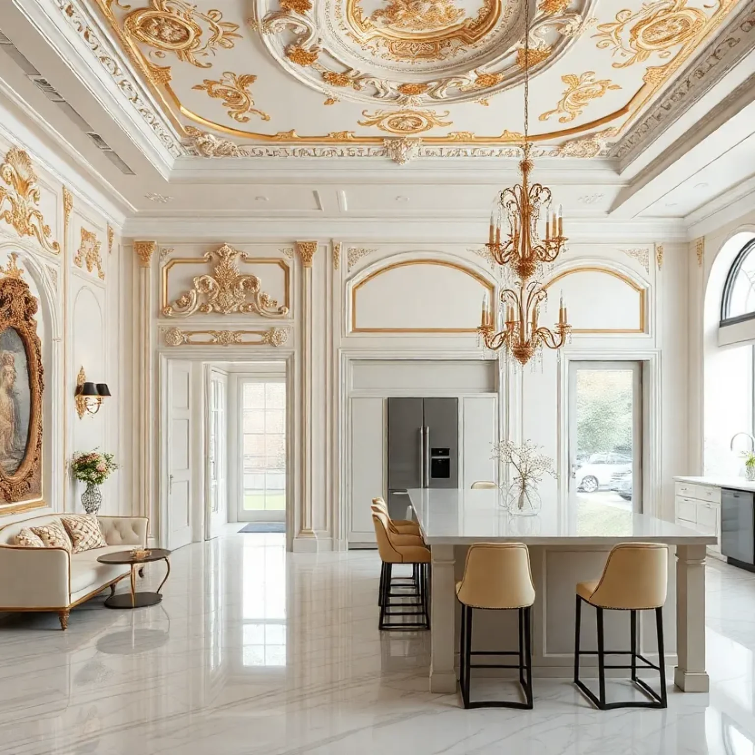 Interior of a modern baroque home showcasing luxurious design elements.