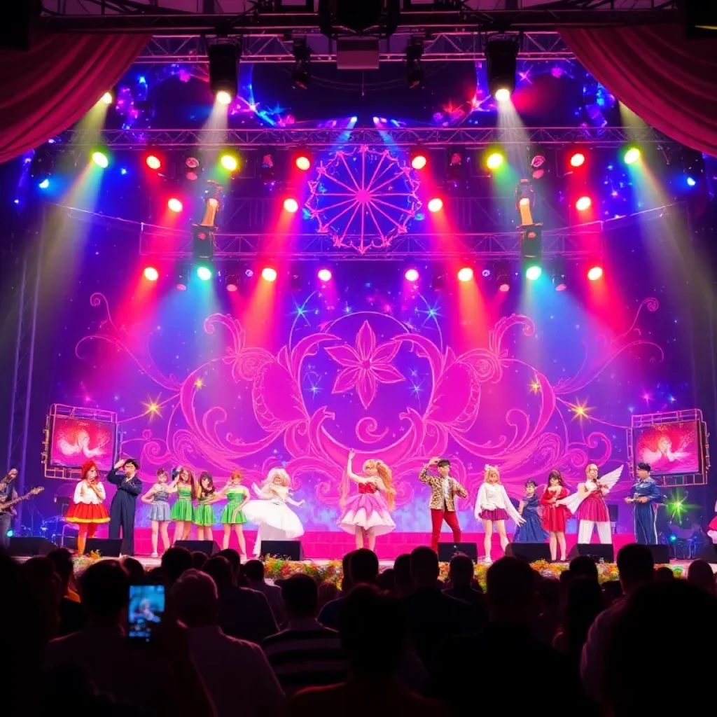 A scene from the Sailor Moon musical featuring colorful costumes and magical visuals.