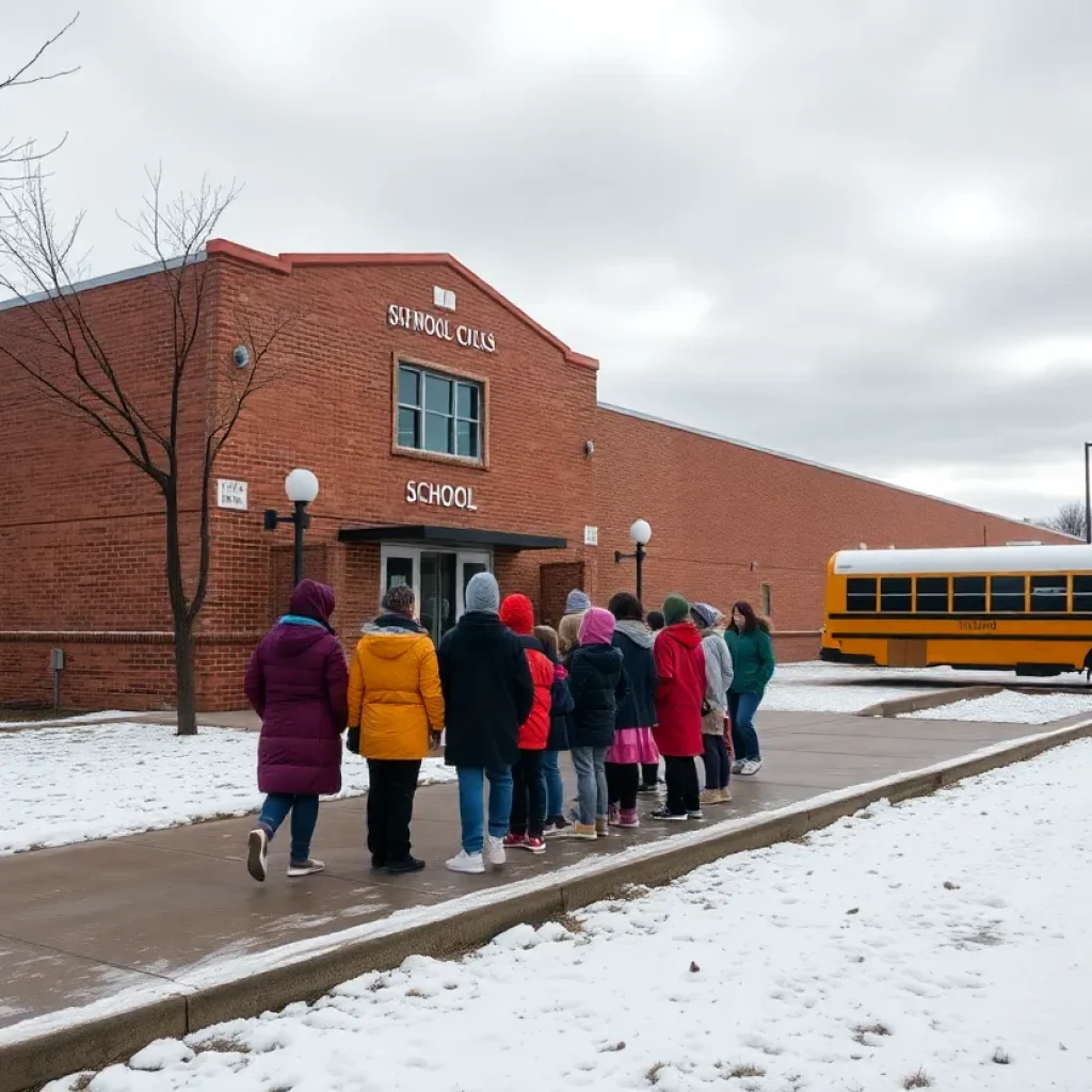 Winter scene at San Angelo school with snow and students