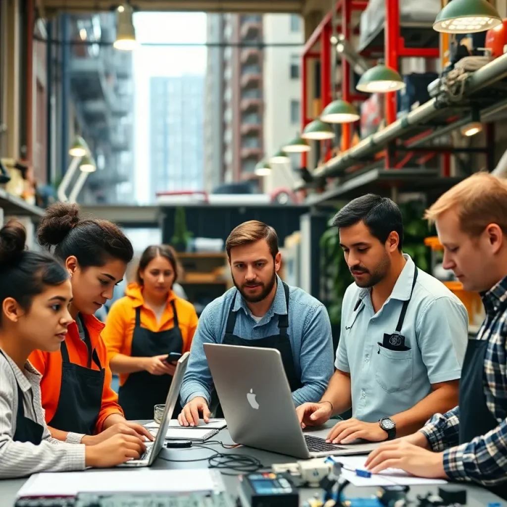 Diverse group of skilled workers collaborating in a tech environment