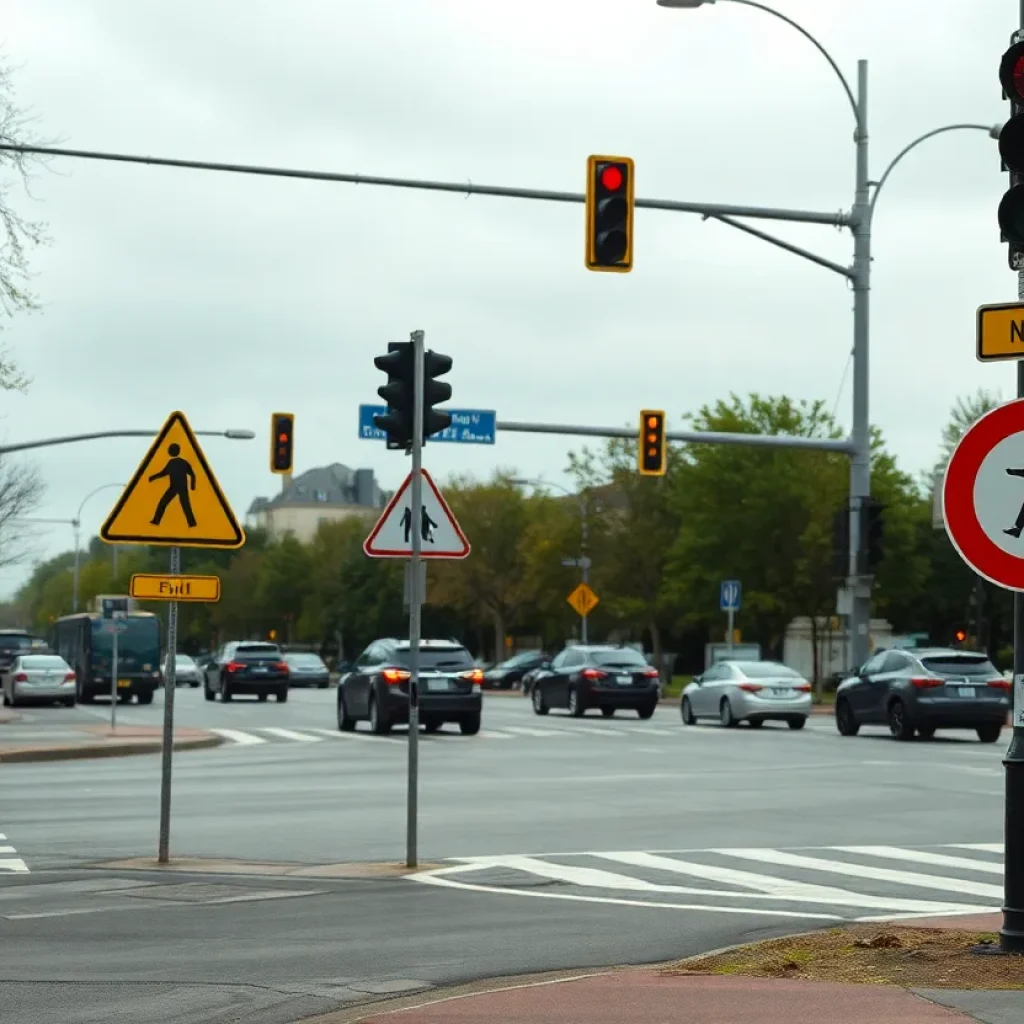 Busy intersection in southeast Austin highlighting pedestrian safety concerns.