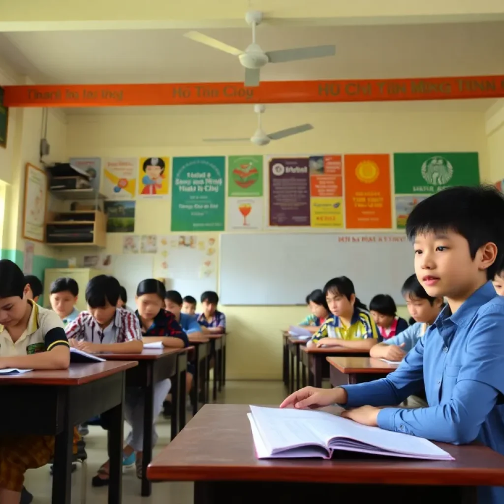 A diverse group of students in a classroom in Ho Chi Minh City, participating in an engaging lesson.