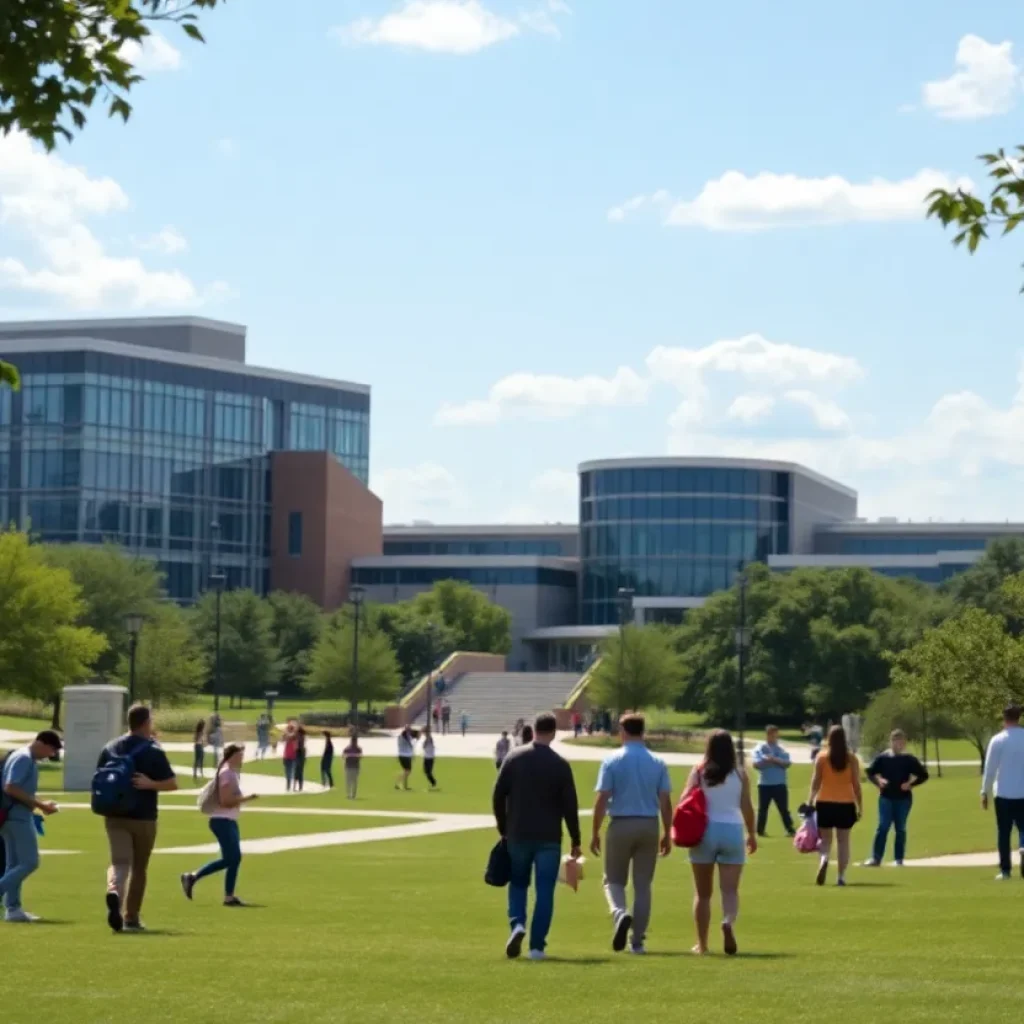 Students on a university campus in Texas engaged in outdoor activities