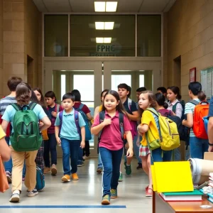 Students entering a Texas school building.