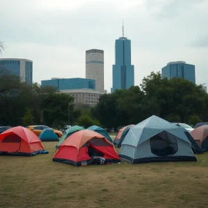 An overview of makeshift shelters in an urban area of Austin, Texas.