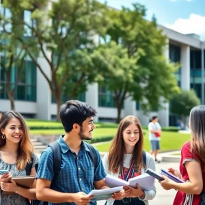 Students on a university campus engaged in discussions.