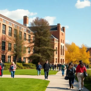 Vibrant university campus scene with students