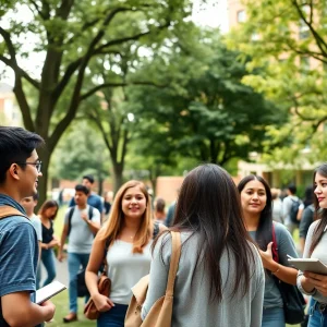 Students discussing on campus at the University of Austin.