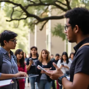 Students engaging on the University of Texas at Austin campus.