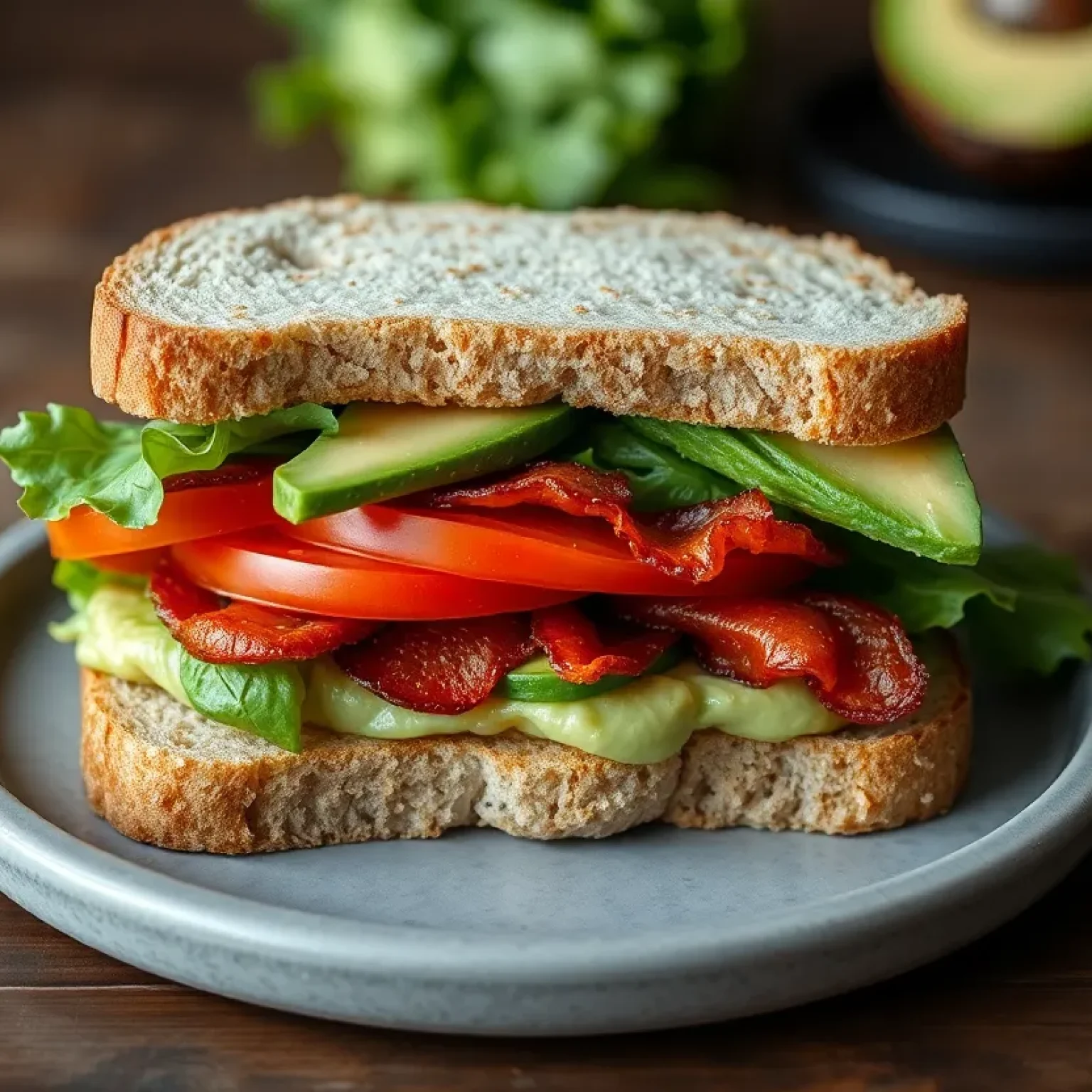 A delicious vegan BLT sandwich with avocado and plant-based bacon