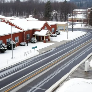 A snow-covered school building in Central Texas during winter weather.