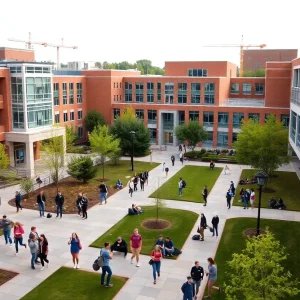 Students on the University of Texas Austin campus with new facilities in the background.