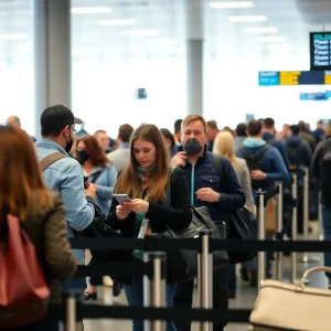 Travelers at airport security checkpoint ensuring REAL ID compliance