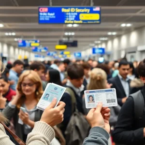 Travelers showing identification at an airport security checkpoint