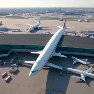Aerial view of Austin-Bergstrom International Airport with travelers and planes.