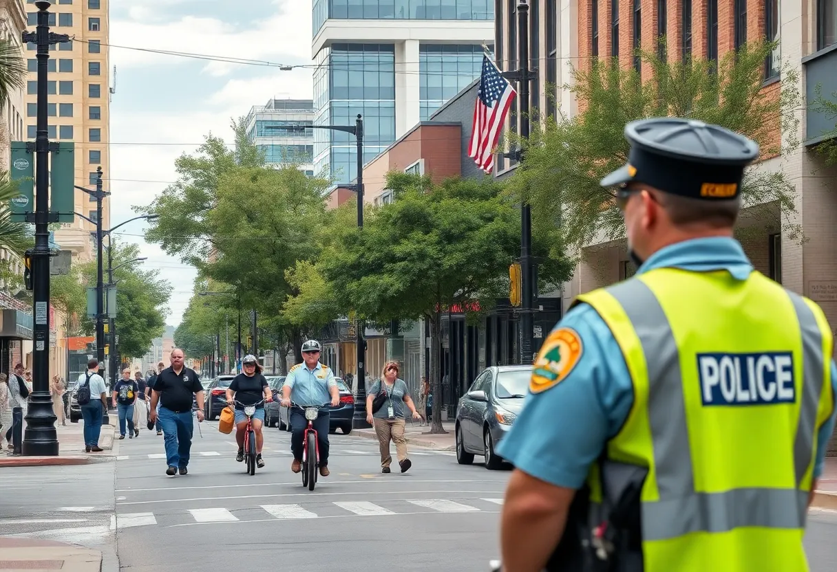 A lively street in Austin reflecting community spirit and safety concerns.