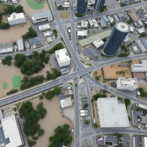 Aerial view of flood-prone areas in Austin impacted by disaster preparedness funding cuts