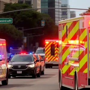 Emergency vehicles on an urban street in Austin, Texas