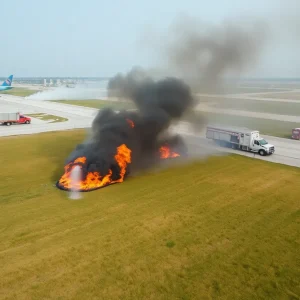 Firefighters extinguishing a grass fire near Austin-Bergstrom International Airport
