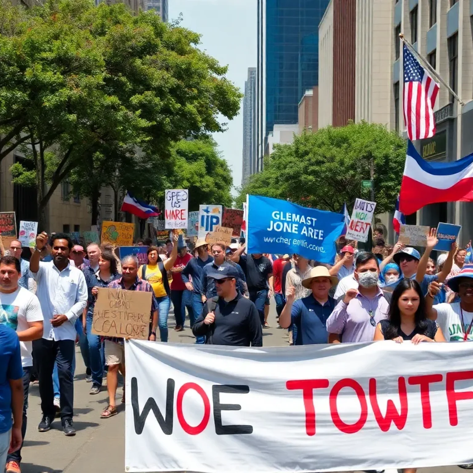 Protests in Austin against Tesla CEO Elon Musk with banners and activists