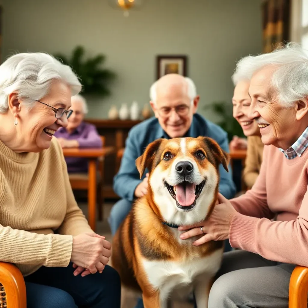 Chewy, a dog, enjoying time with residents at The Philomena in Austin