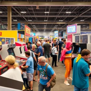 Attendees enjoying the Classic Game Fest in Austin with retro gaming consoles.