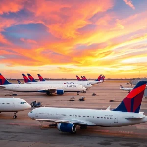 Delta Airlines planes at Austin-Bergstrom International Airport promoting new flight routes.