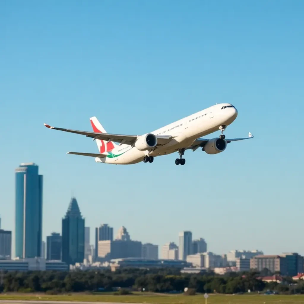 Delta airplane departing from Austin with skyline in background