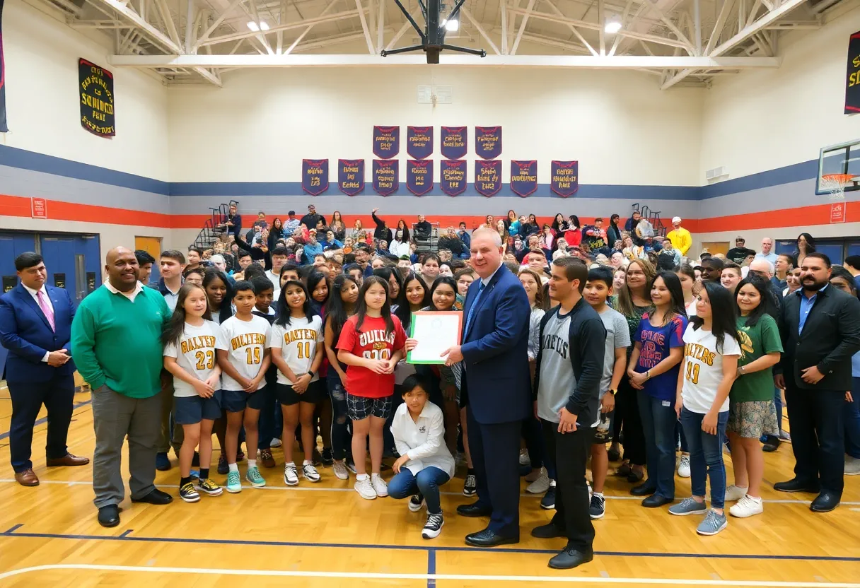 Students celebrating in the gym of Dobie Middle School