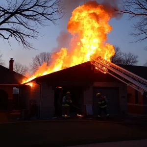 Firefighters extinguishing a garage fire in East Austin