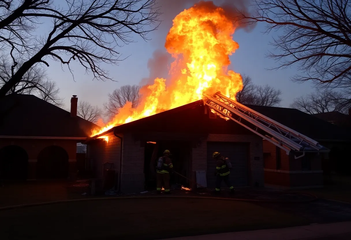 Firefighters extinguishing a garage fire in East Austin