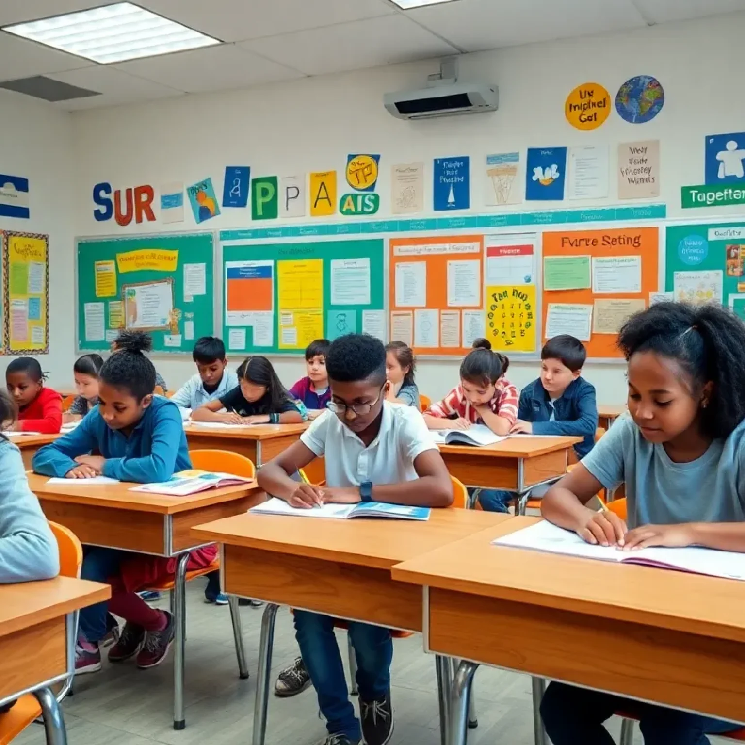 Students in a modern classroom learning together