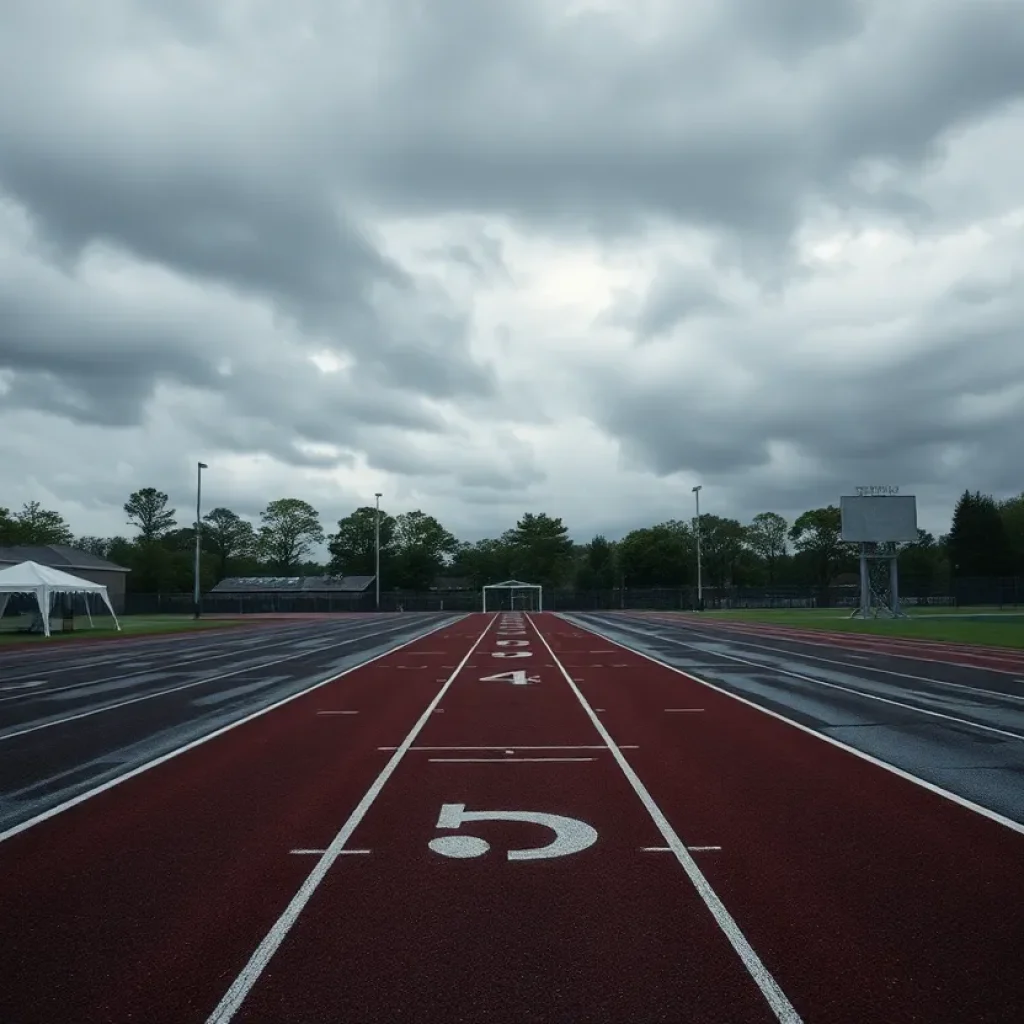 An empty school track field during a rainy day, representing a community in mourning.
