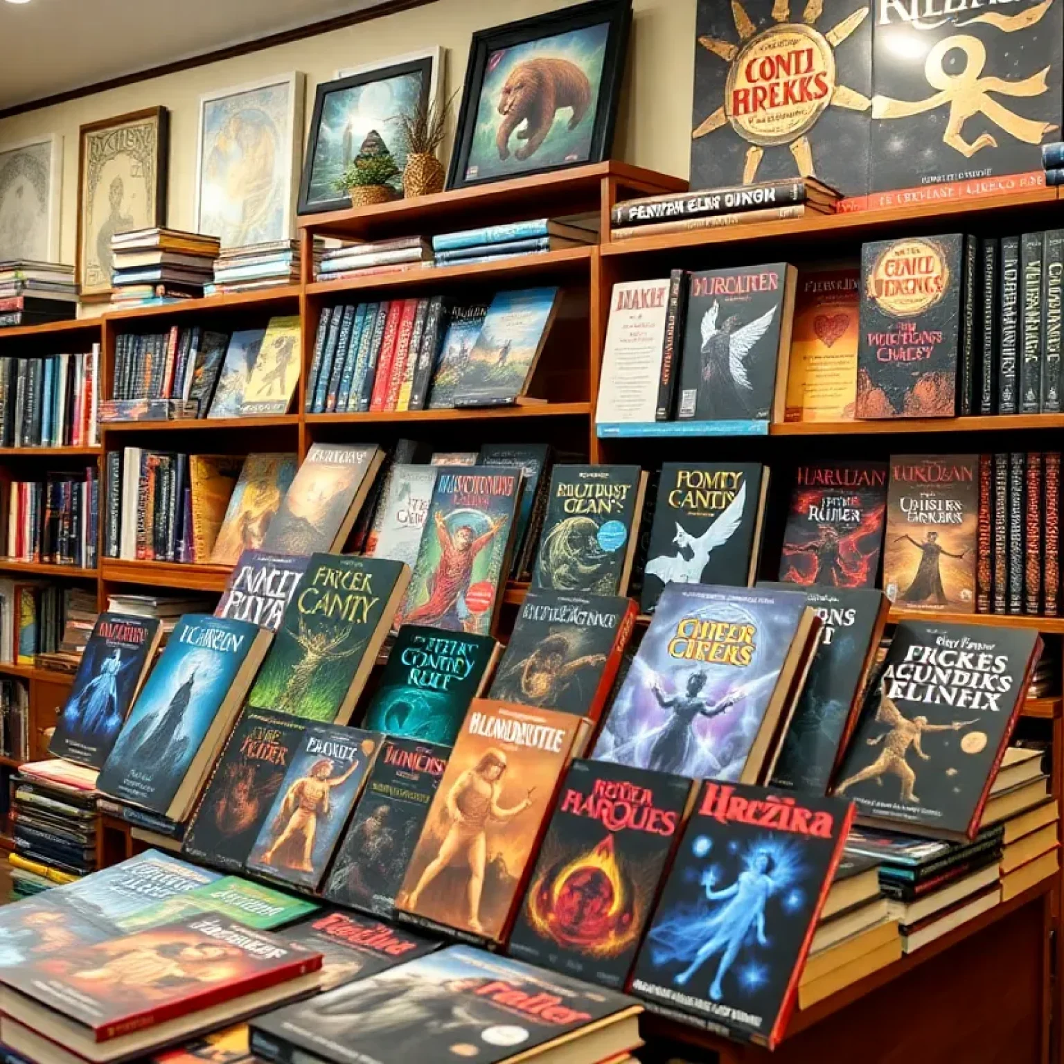 Vibrant display of fantasy books in an independent bookstore.