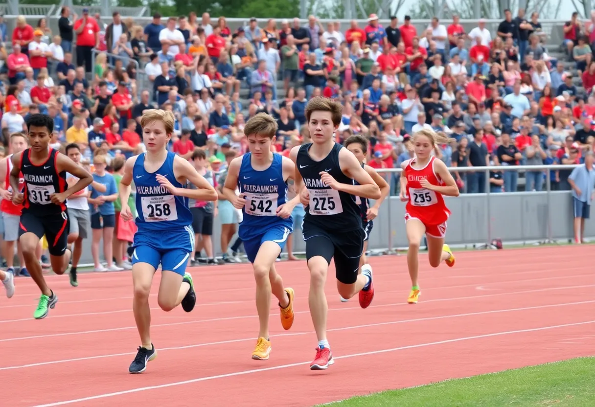 High school track athletes competing in a relay race.