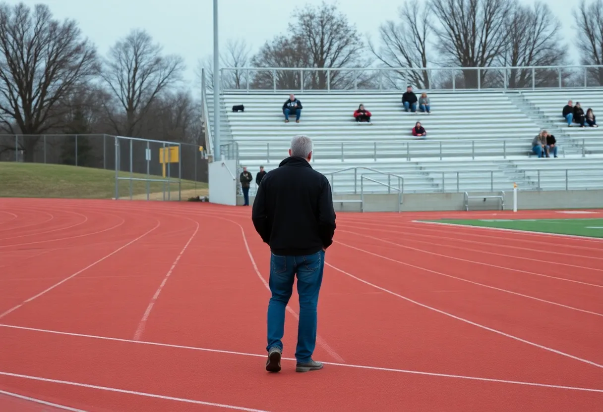 Empty bleachers at a high school track meet in Frisco, Texas.