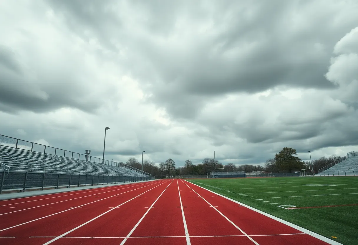 Empty high school track field with bleachers under cloudy skies