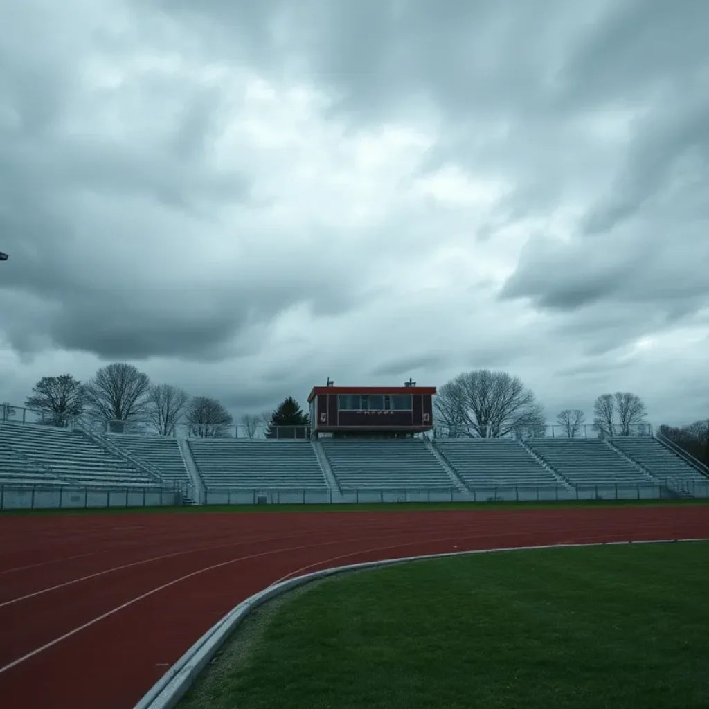 Empty high school track meet with cloudy skies