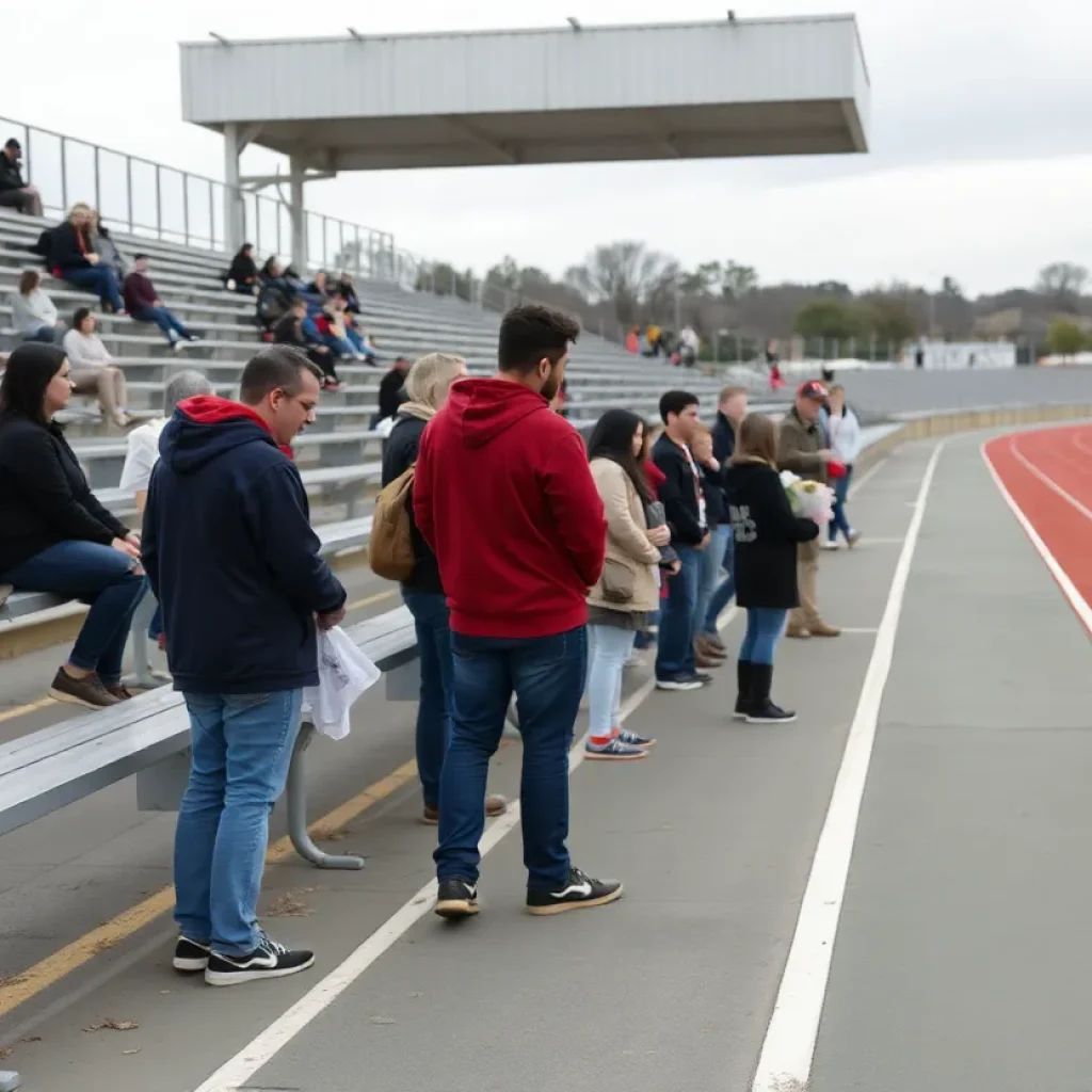 Track meet scene with empty bleachers in Frisco