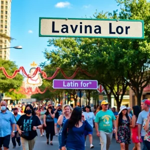 A street in Austin with signs honoring Latino leaders during Hispanic Heritage Month.