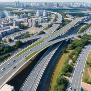 Urban redevelopment over I-35 with green space and community areas.